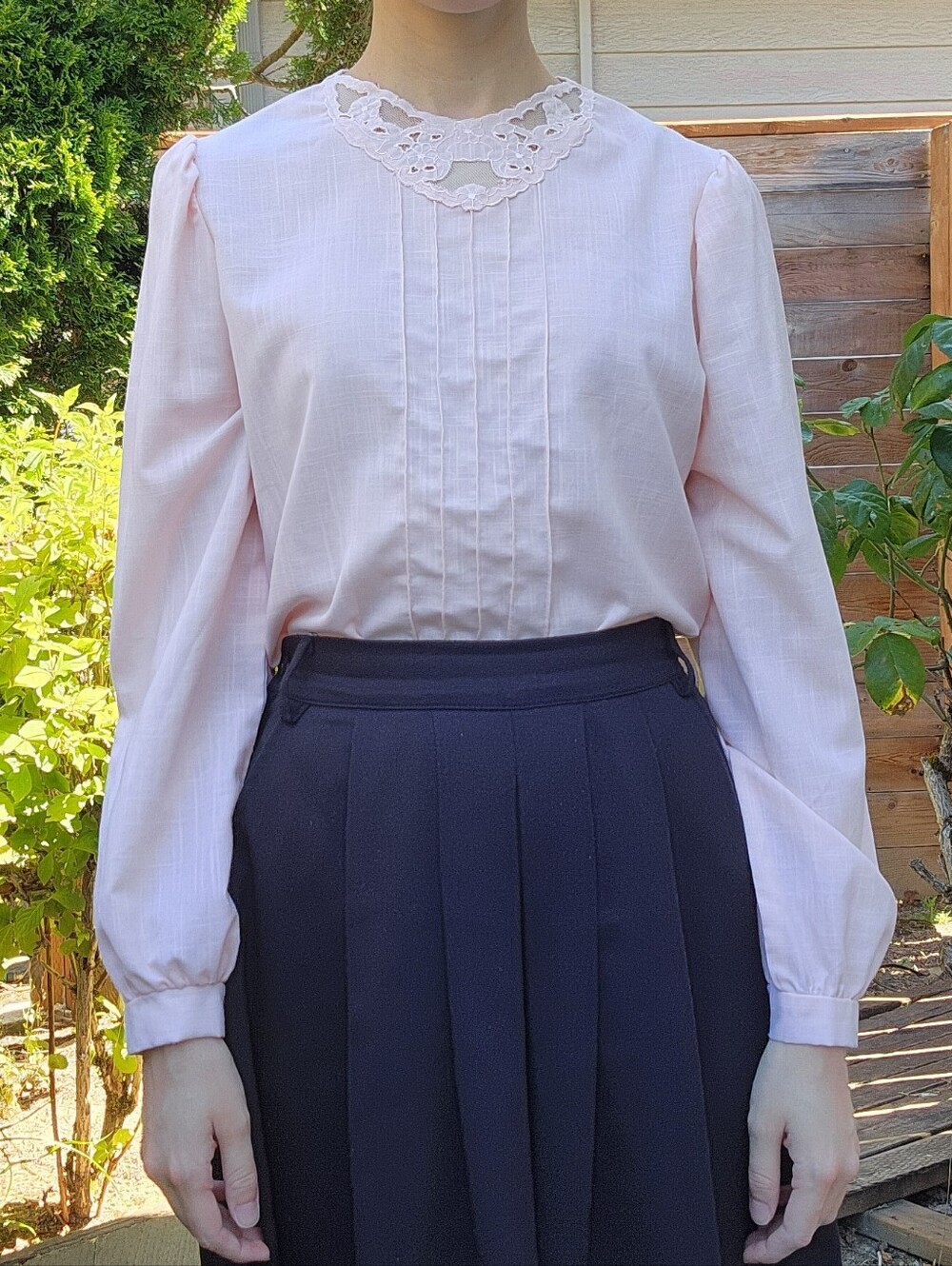 Vintage 1970s English Tea Peach Pink Embroidered Victorian Style Blouse S